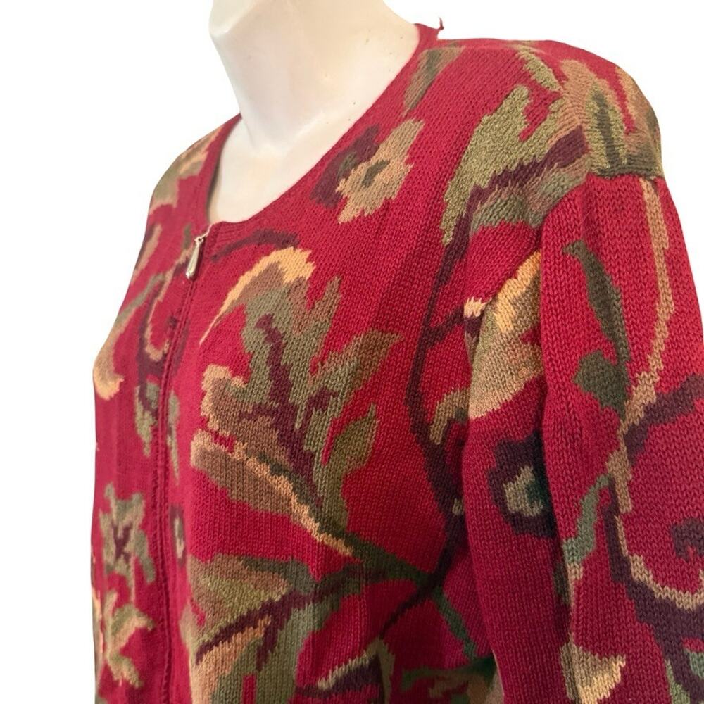 Talbots Red Leaf Design Cotton & Ramie Blend Zip Up Cardigan Sweater sz Large - Picture 11 of 16